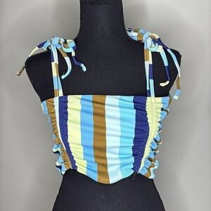 Aerie Stripped Ribbed Ruched Bikini Top w/Shoulder Ties Size Large